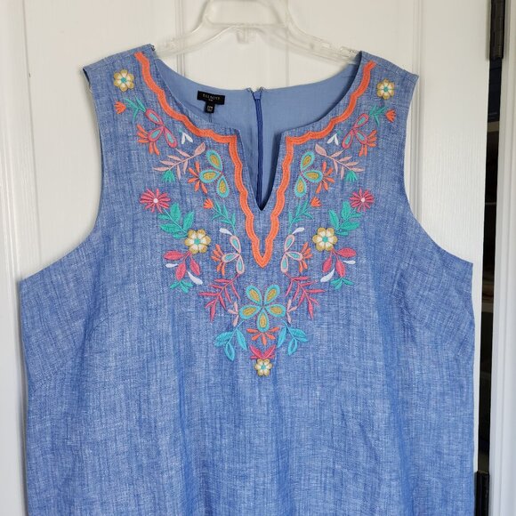 Talbots Embroidered Linen Shift Dress 22W Women Plus Sleeveless Coastal Blue New - Picture 2 of 15